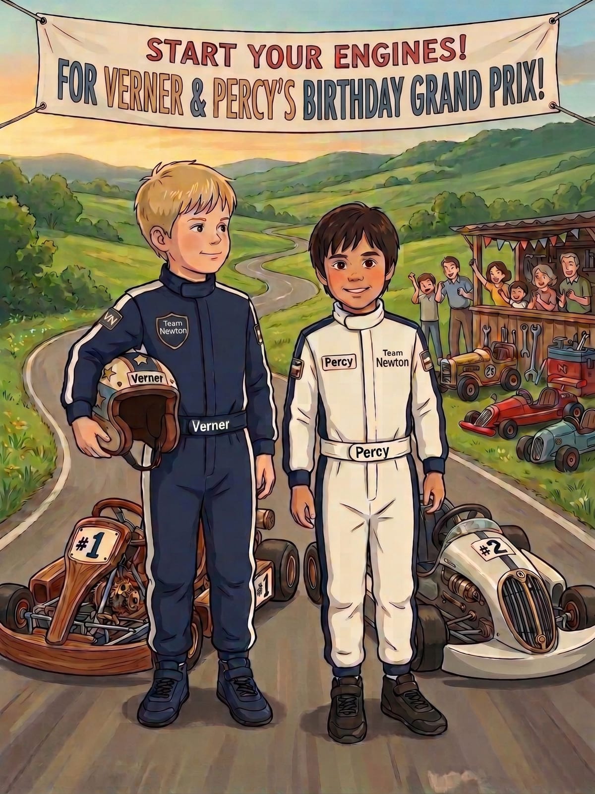 Verner and Percy in racing suits beside their go-karts, under a banner reading “Start your engines! For Verner & Percy's Birthday Grand Prix!”